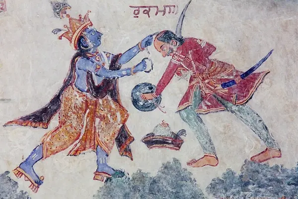 Punjabi fresco from Ferozepur district depicting the duel between Krishna & Rukmi, with Kr