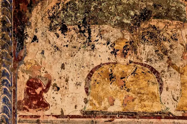 Fresco depicting Guru Nanak with his retinue (Bhai Mardana and Bhai Bala) from Mansar Have